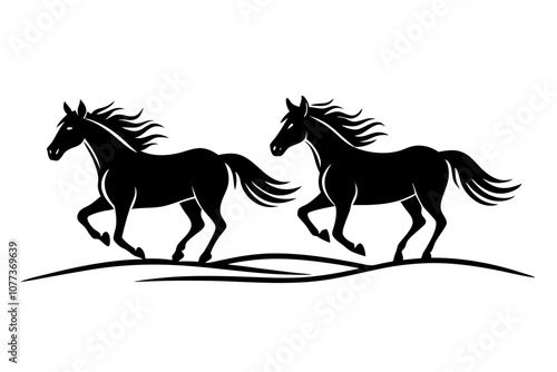 Wild Horses Galloping Across Open Plains Line Art Vector Illustration