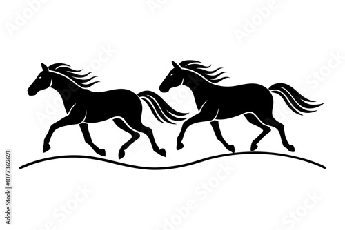 Wild Horses Galloping Across Open Plains Line Art Vector Illustration