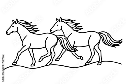 Wild Horses Galloping Across Open Plains Line Art Vector Illustration