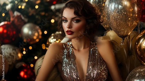 A woman with dark hair and a glamorous makeup look wears a sparkling gold dress. She is posed in front of a Christmas tree and balloons.