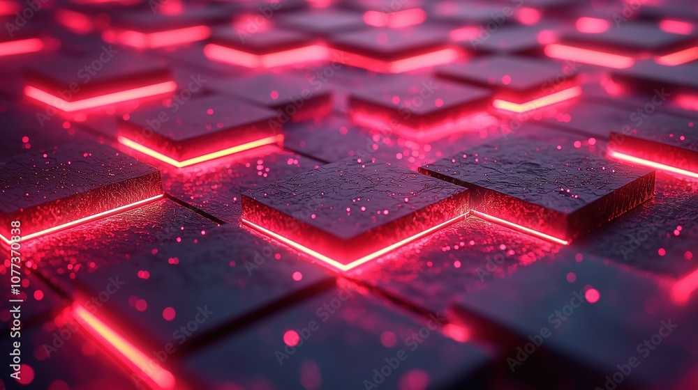 Fototapeta premium A digital surface featuring interlocking dark tiles with glowing red outlines, creating a futuristic and tech-inspired appearance.