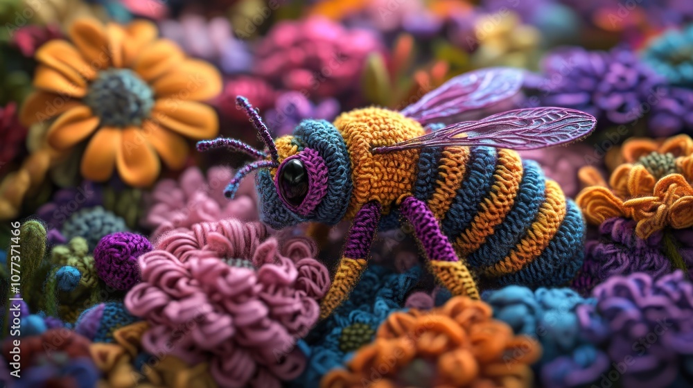 A vibrant, intricately crafted bee amidst colorful flowers, showcasing artistic embroidery. A vibrant, intricately crafted bee amidst colorful flowers, showcasing artistic embroidery.