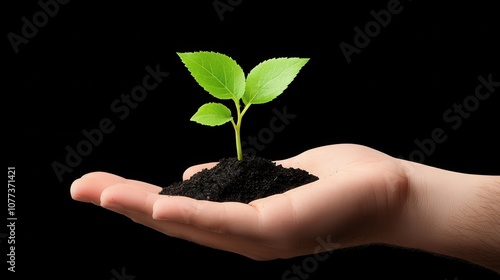 A hand holding a small plant seedling in soil, symbolizing growth, environmental conservation, and nurturing nature.