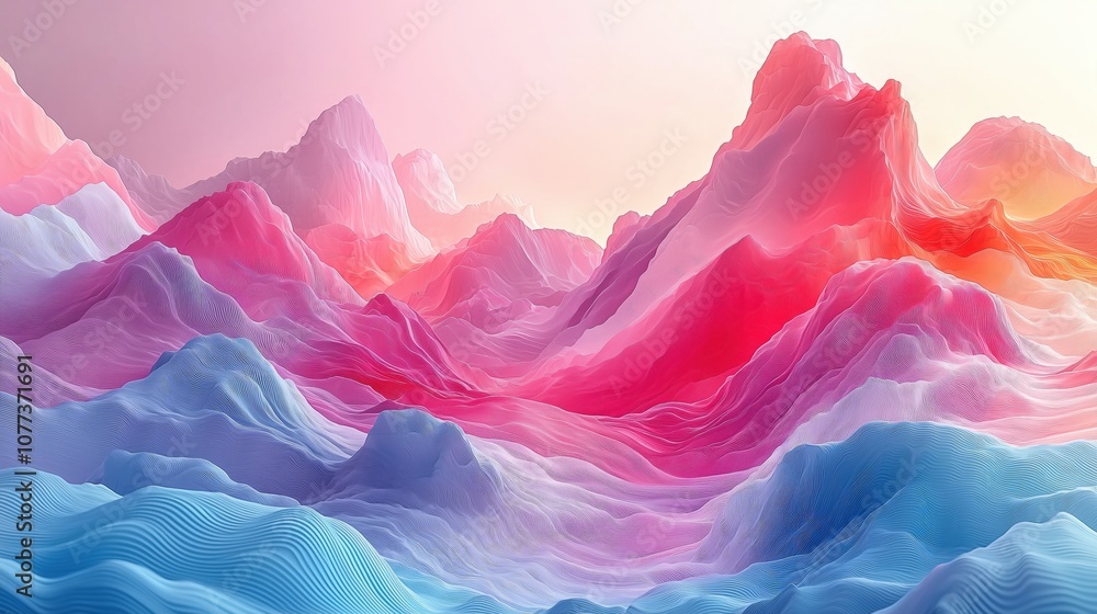 A colorful abstract landscape featuring vibrant pink, blue, and purple peaks resembling waves or mountains. A colorful abstract landscape featuring vibrant pink, blue, and purple peaks resembling waves or mountains.