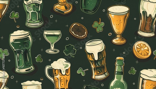 Irish beer and drinks pattern, Saint Patricks Day