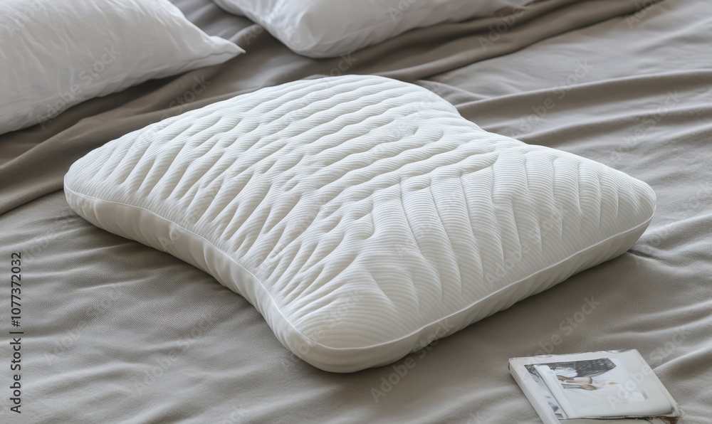 A closeup view highlights the contoured shape of an orthopedic pillow on a neatly made bed, emphasizing its potential for providing enhanced support and comfort A closeup view highlights the contoured shape of an orthopedic pillow on a neatly made bed, emphasizing its potential for providing enhanced support and comfort