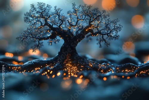 Synthetic tree growing from circuit pathways, luminous foliage photo