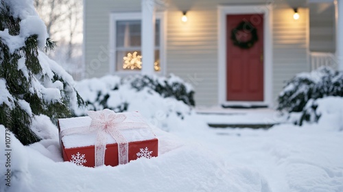 A beautifully wrapped Christmas gift with snowflake wrapping, left at the front door of a cottage covered in snow