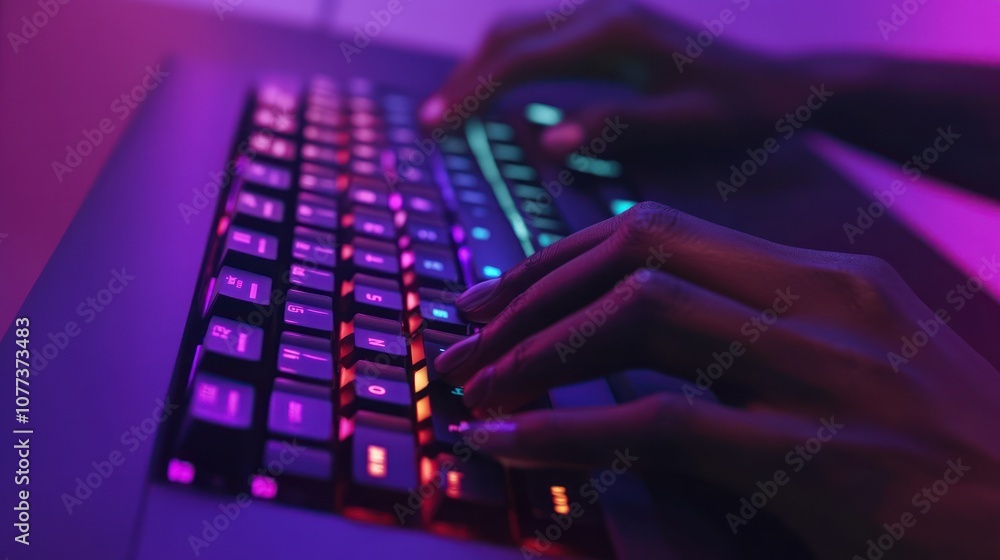 Close-up of Hands Typing on a Vibrant Backlit Keyboard Close-up of Hands Typing on a Vibrant Backlit Keyboard