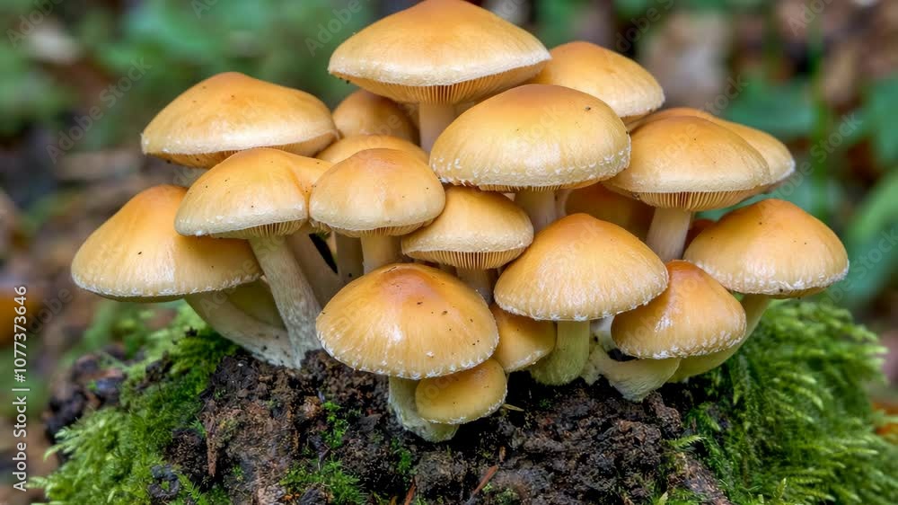 A cluster of mushrooms grows on a mossy log in a forest A cluster of mushrooms grows on a mossy log in a forest