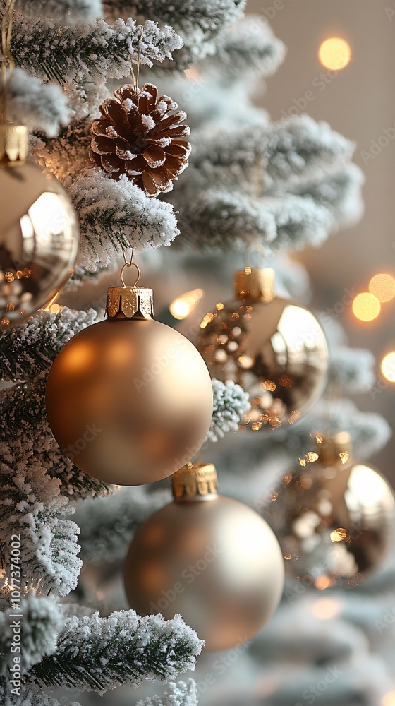 Close-up of Christmas golden decorations on the tree Close-up of Christmas golden decorations on the tree