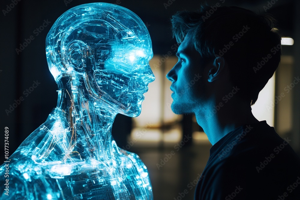 Man speaking to a translucent robot, illuminated by glowing data, digital interaction Man speaking to a translucent robot, illuminated by glowing data, digital interaction