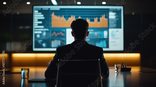 A businessman in a dark suit analyzing graphs on a large screen in a dimly lit room