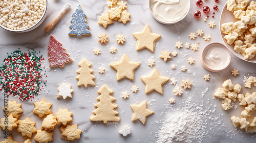 Festive Baking Scene with Cookie Dough, Cutters, and Holiday Decorations, Top-Down View, Generated AI