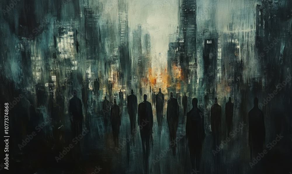 A dark cityscape filled with abstract human forms creates mysterious atmosphere A dark cityscape filled with abstract human forms creates mysterious atmosphere