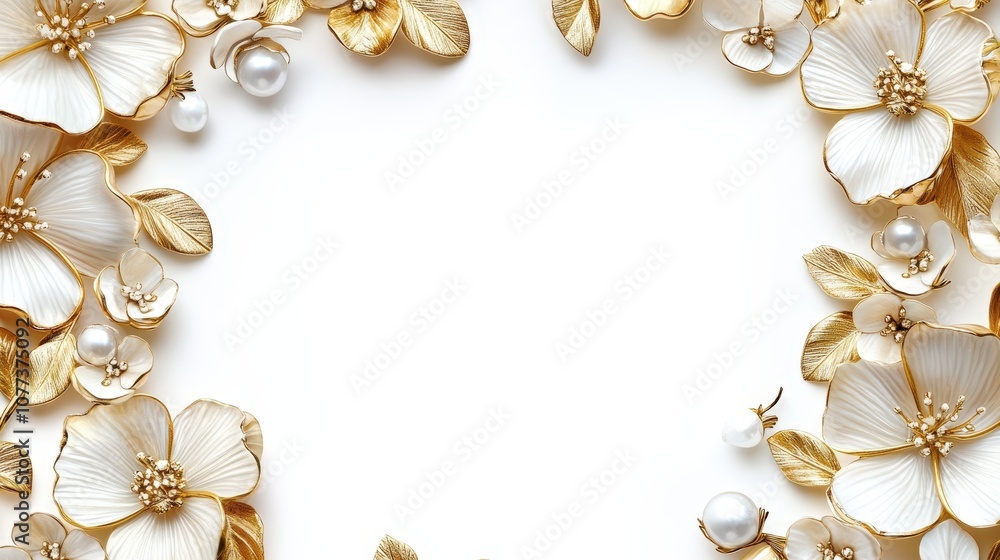 Elegant floral border with gold accents and pearls on white background Elegant floral border with gold accents and pearls on white background