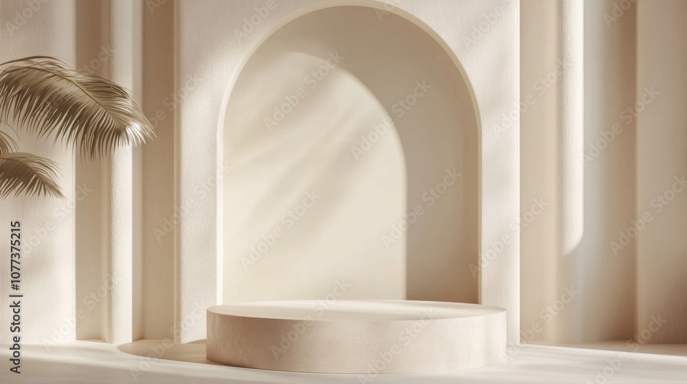 Fototapeta premium Minimalist White Round Platform with Archway and Palm Leaf