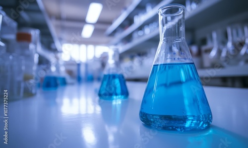 A close-up view of beakers filled with blue liquid on a white table in a laboratory setting with shelves of glassware in the background