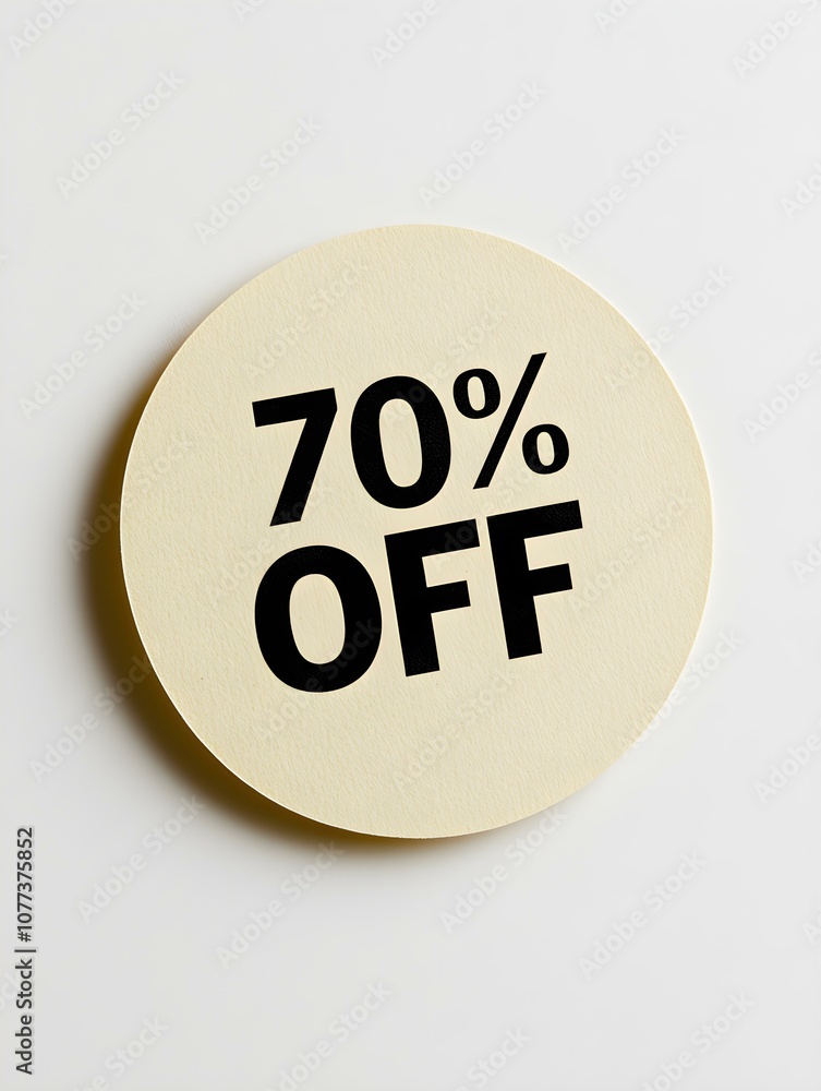 Black '70% OFF' Text on a Beige Round Paper Note. White Background Black '70% OFF' Text on a Beige Round Paper Note. White Background