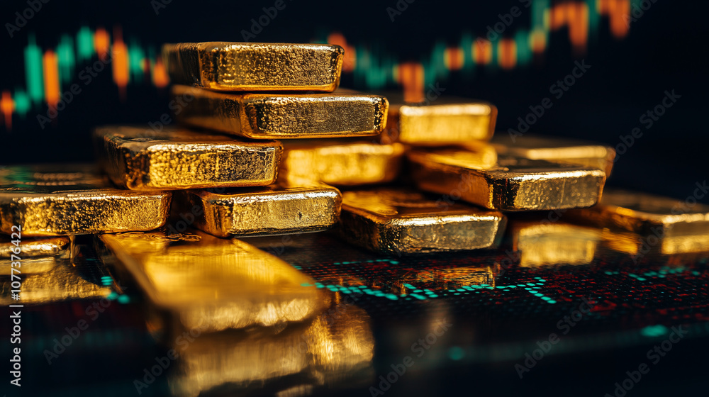Gold bars stacked high with a digital graph showing a sharp uptrend in the market symbolizing successful investments Gold bars stacked high with a digital graph showing a sharp uptrend in the market symbolizing successful investments