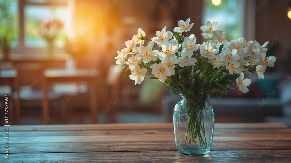 Fresh white flowers in a ceramic vase on a rustic wooden table with a textured gray background Fresh white flowers in a ceramic vase on a rustic wooden table with a textured gray background