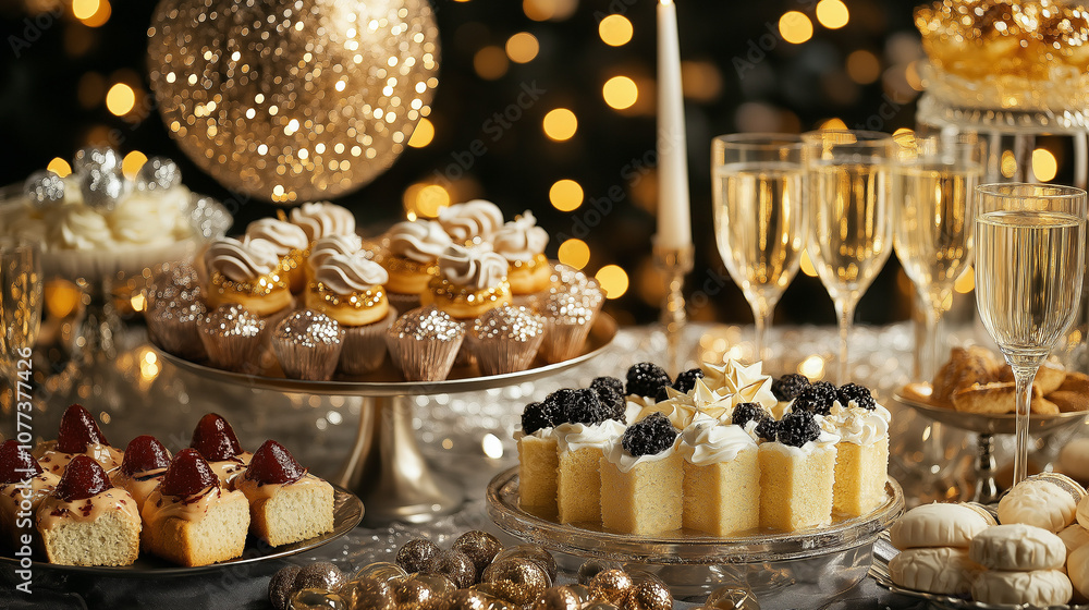 Elegant New Year's Eve Party Setting with Festive Treats Elegant New Year's Eve Party Setting with Festive Treats