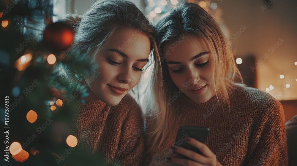 Two friends enjoying a cozy evening together during the holidays Two friends enjoying a cozy evening together during the holidays