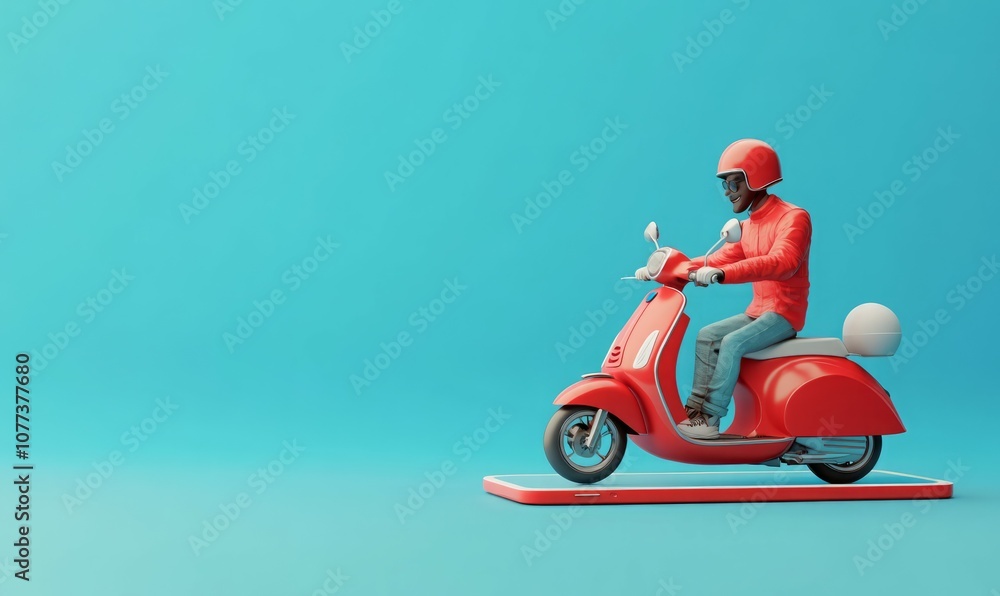A delivery man on a red scooter drives out of a smartphone on a blue background. Delivery concept, online ordering, food delivery, last mile A delivery man on a red scooter drives out of a smartphone on a blue background. Delivery concept, online ordering, food delivery, last mile
