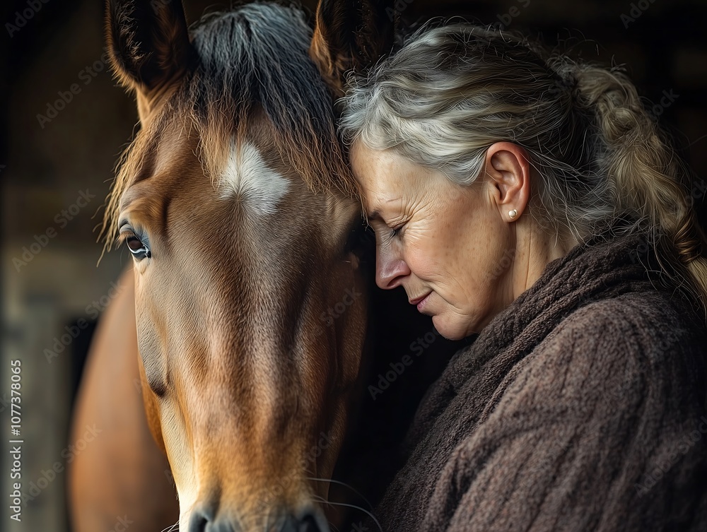 Fototapeta premium A middle-aged Caucasian woman affectionately leans her head against a brown horse inside a barn. Emotional connection and animal bond concept