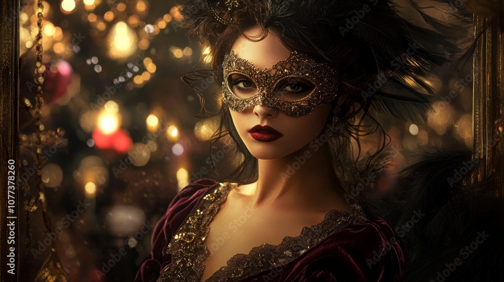 A woman in an ornate mask and luxurious attire stands gracefully in a warm, decorated space, embodying the enchanting atmosphere of a grand evening celebration. A woman in an ornate mask and luxurious attire stands gracefully in a warm, decorated space, embodying the enchanting atmosphere of a grand evening celebration.