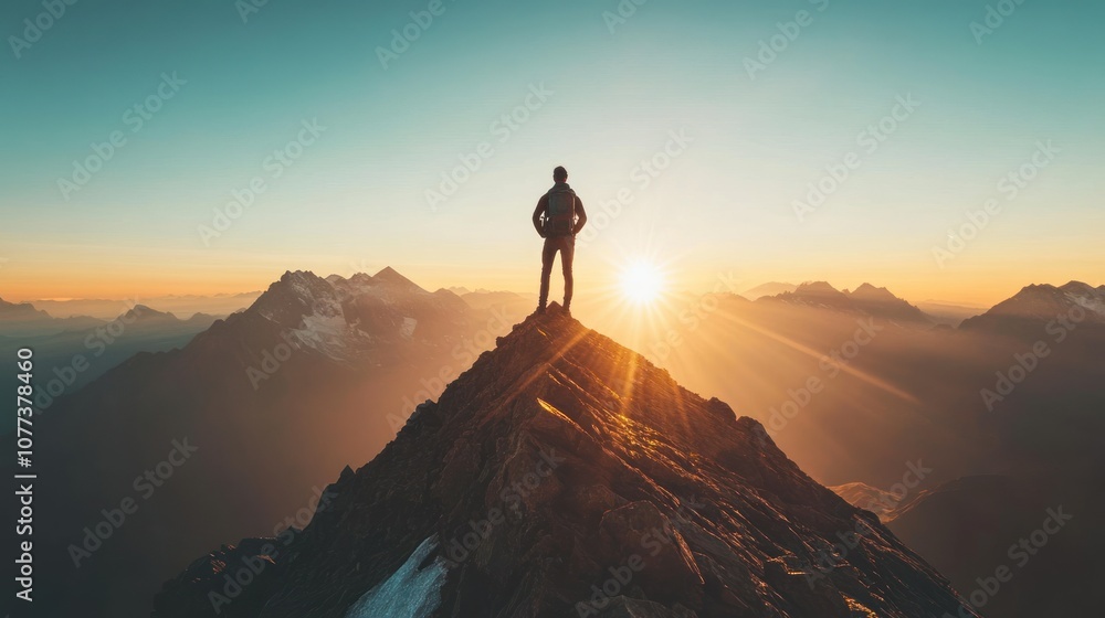 Solitary Figure Standing on Mountain Peak at Sunset