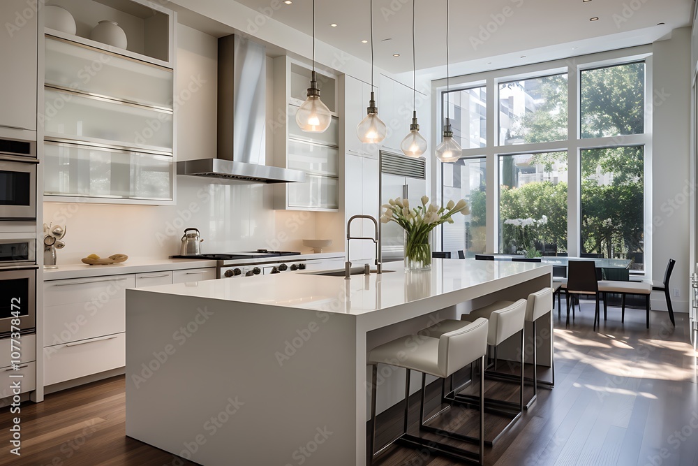 there is a large kitchen with a center island and a dining table there is a large kitchen with a center island and a dining table