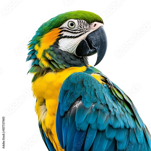 araffy blue and yellow parrot with green feathers on a white background photo