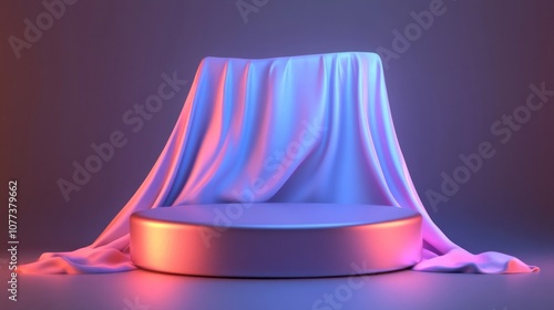 Circular Platform Unveiled by a Flowing Fabric Drape Under Neon Lighting