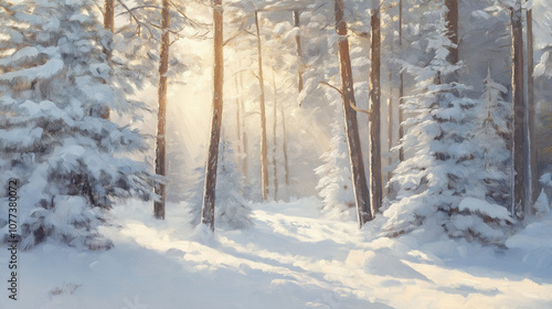 Snowy Winter Scene with Evergreen Trees and Sunlight