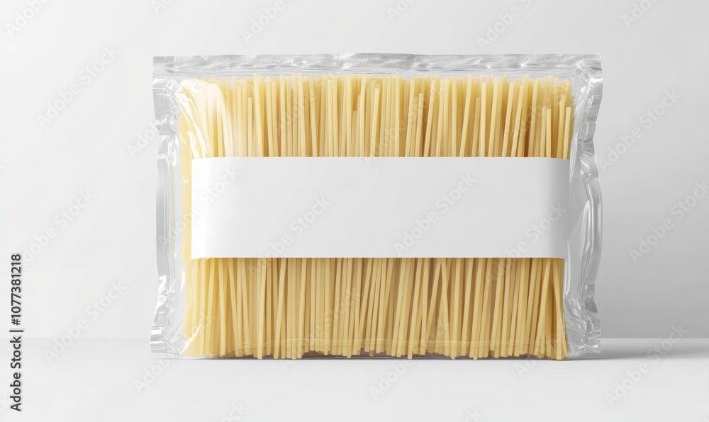 A package of raw spaghetti pasta wrapped in a plastic transparent packaging with a blank white label, placed on a white background. A package of raw spaghetti pasta wrapped in a plastic transparent packaging with a blank white label, placed on a white background.