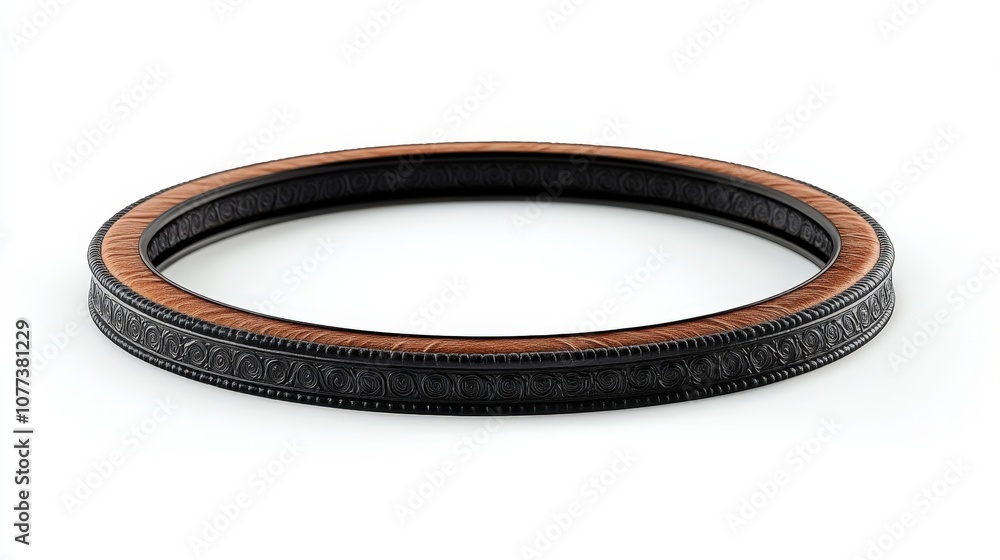 Elegant ornate metal and wood circular frame on white background Elegant ornate metal and wood circular frame on white background