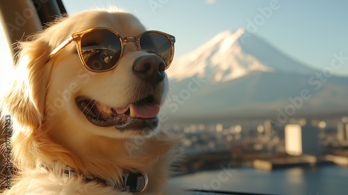 extremely excited and cheerful golden retriever dog looking out of car window, beautiful sunrays over Fuji mountain, Japan. wear sunglasses