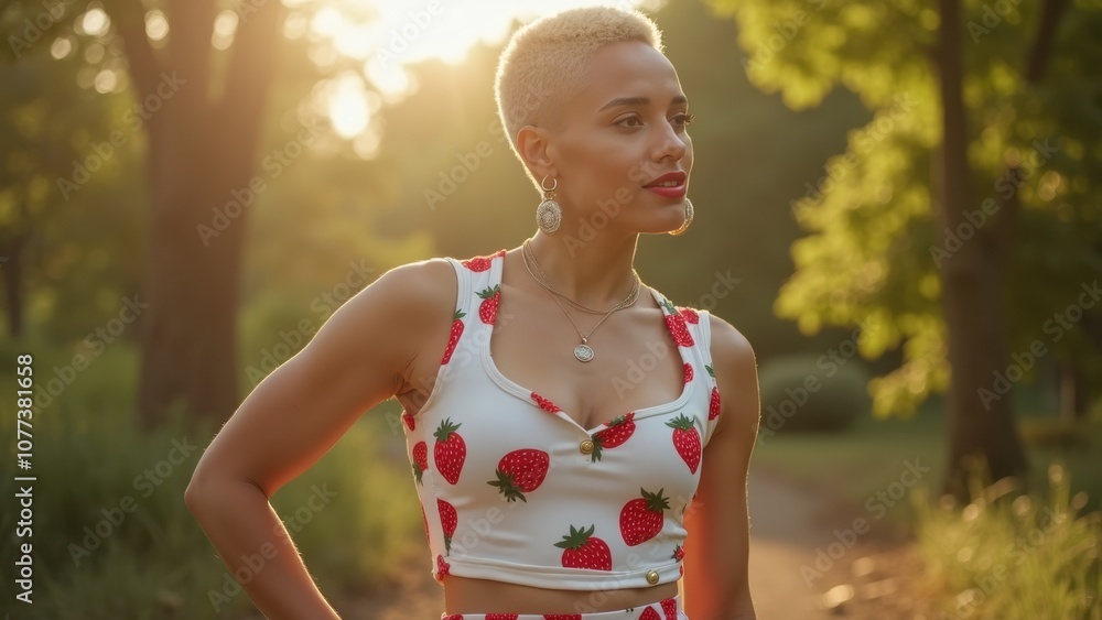 A woman showcases her stylish strawberry-patterned crop top and skirt while posing during golden hour in a vibrant green park surrounded by trees A woman showcases her stylish strawberry-patterned crop top and skirt while posing during golden hour in a vibrant green park surrounded by trees