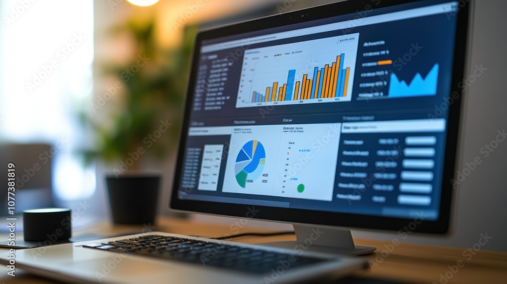 Desktop Computer Displaying Business Analytics and Charts Desktop Computer Displaying Business Analytics and Charts