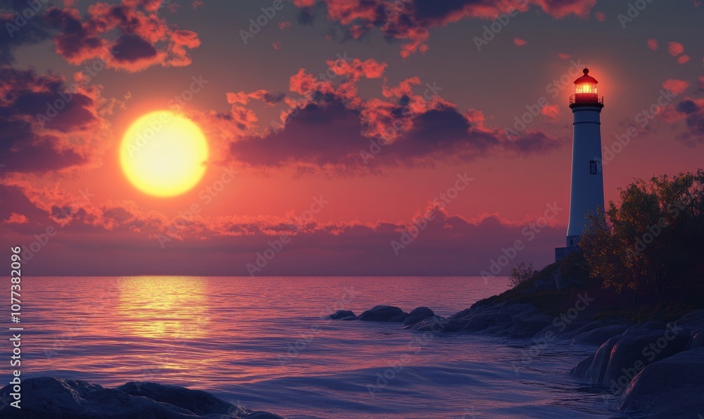 A serene image of a lighthouse on a rocky shore at sunrise A serene image of a lighthouse on a rocky shore at sunrise