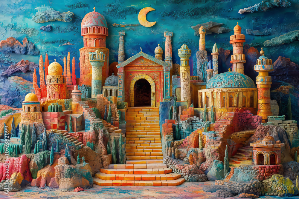 Fototapeta premium A mystical landscape of colorful architecture celebrating Hanukkah at night