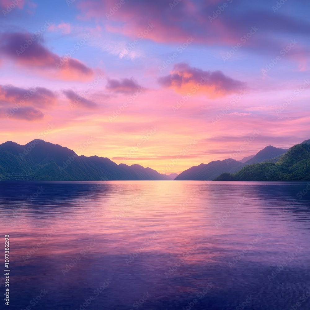 Naklejka premium A breathtaking landscape captures a serene lake against rolling mountains at sunset, with vibrant pink and purple hues reflecting in the calm water, perfect for travel, nature, or relaxation themes,