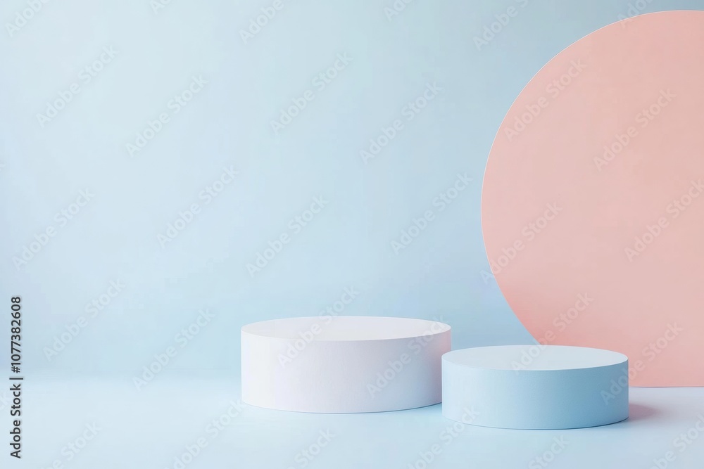 Two circular forms in white and blue are positioned in a calm setting, complemented by a soft pink circle, evoking simplicity and peace. Generative AI Two circular forms in white and blue are positioned in a calm setting, complemented by a soft pink circle, evoking simplicity and peace. Generative AI