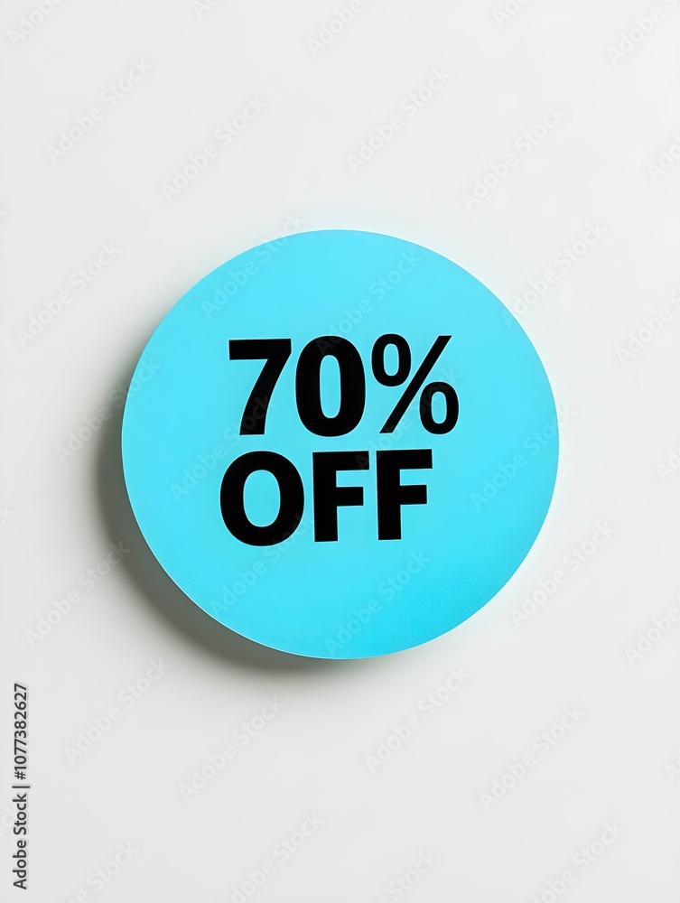 Black '70% OFF' Text on a Cyan Round Paper Note. White Background Black '70% OFF' Text on a Cyan Round Paper Note. White Background