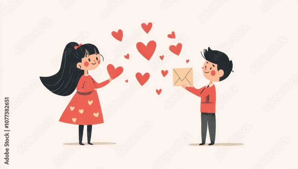 A cute cartoon illustration of two people exchanging Valentine's Day cards, with hearts and love letters floating around them Generative AI A cute cartoon illustration of two people exchanging Valentine's Day cards, with hearts and love letters floating around them Generative AI