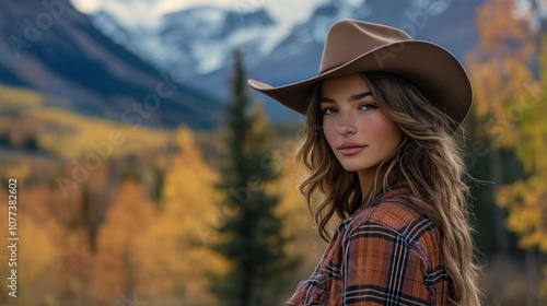 A young woman in a cowboy hat poses against a vibrant autumn landscape with mountains.