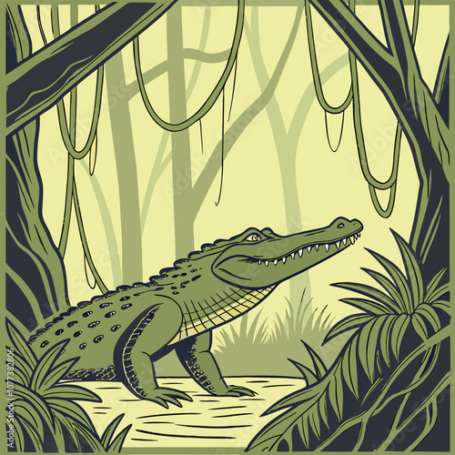 A large alligator basking in the sun within a lush green swamp.  This illustration is perfect for projects related to nature, wildlife, or the environment.