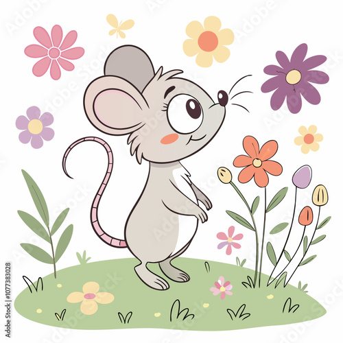 A cute cartoon mouse standing in a field of flowers, looking up at a butterfly. Perfect for children's books, illustrations, or any project that needs a touch of whimsy and charm.