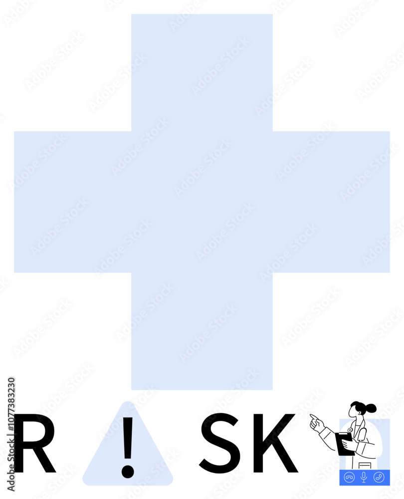 Obraz premium Blue medical cross, RISK text with warning sign, and a businesswoman pointing at symbols. Ideal for healthcare, office workflows, risk management, safety awareness, medical sectors, business